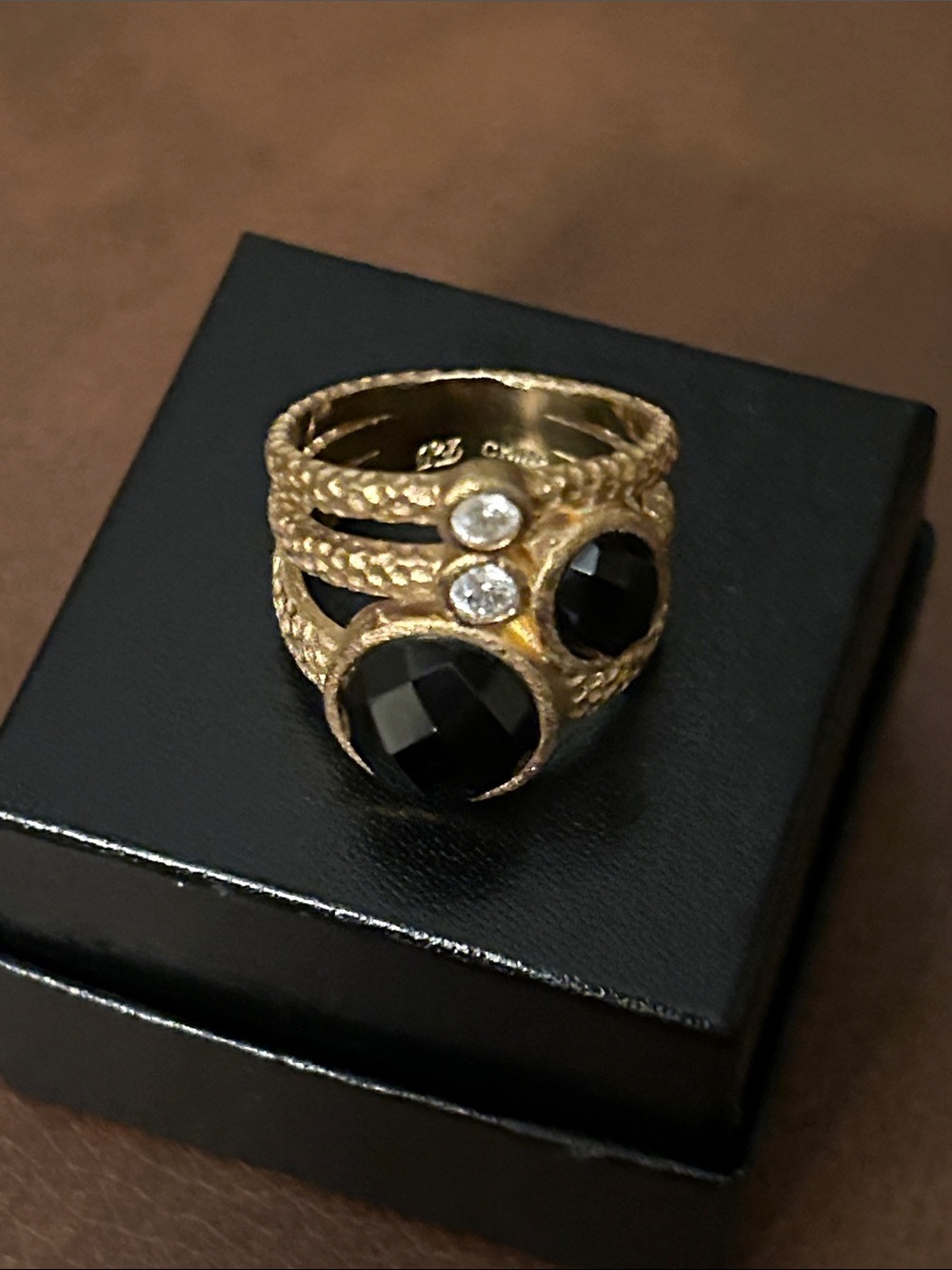 Rivka Friedman 18 karat Gold clad Ring, with Black and Clear CZ Stones. size 8.